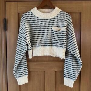 POL Blue Fuzzy Cropped Crewneck Sweater w/ Pocket & Button Women’s size Small​